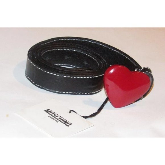 Moschino Black Leather Red Heart Buckle Belt main image 8